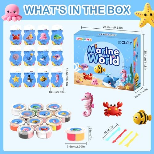 Air Dry Clay Kit, Marine World Modeling Clay for Kids, 12 Boxes Model Magic Clay with Sculpting Tools and Tutorials Ultra Light, Soft & Non-Sticky DIY Arts and Crafts Molding Clay Gifts for Kids|B0GC41H129