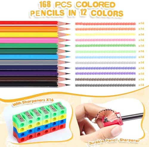 168 Packs Colored Pencils Bulk Classroom, Colored Pencils for Kids 12 Assorted Colors, Coloring Pencil Set Plus 16 Sharpeners, Pre-sharpened Color Pencil, Back to School Supplies Bulk for Teachers|B0DZCVGHDN