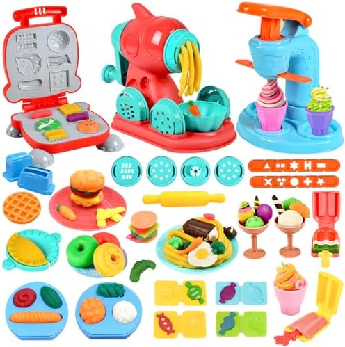 Crelloci 3 in 1 Color Dough Kitchen Creations Set, Ice Cream Spaghetti Burger Maker Machine, Art Crafts Food Modeling Toys, Accessories Tools Kit for Boys Girls Kids Toddlers Ages 3+ (12 Colors Dough)|B0CJFFJGF3